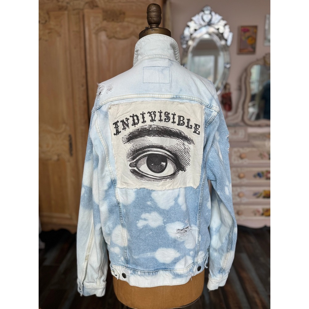 Upcycled Denim Jacket XL Indivisible Eye Folk Art One of One - Picture 7 of 10